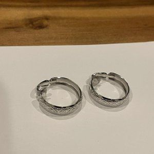 Signed L.H. Segal Silver Tone Clip On Hoop Earrings Scroll Pattern